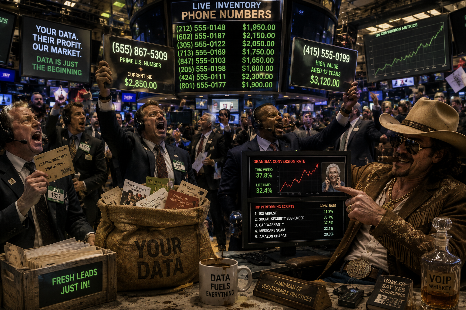 A chaotic stock exchange where traders buy and sell phone numbers while a cowboy-hat scammer tracks ‘grandma conversion rates’ on a computer screen.