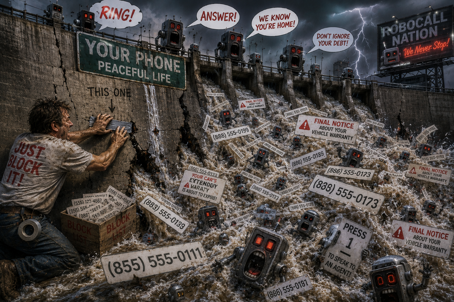 A desperate man patches a cracked dam with duct tape while a flood of robocall warnings, phone numbers, and screaming spam robots bursts through.