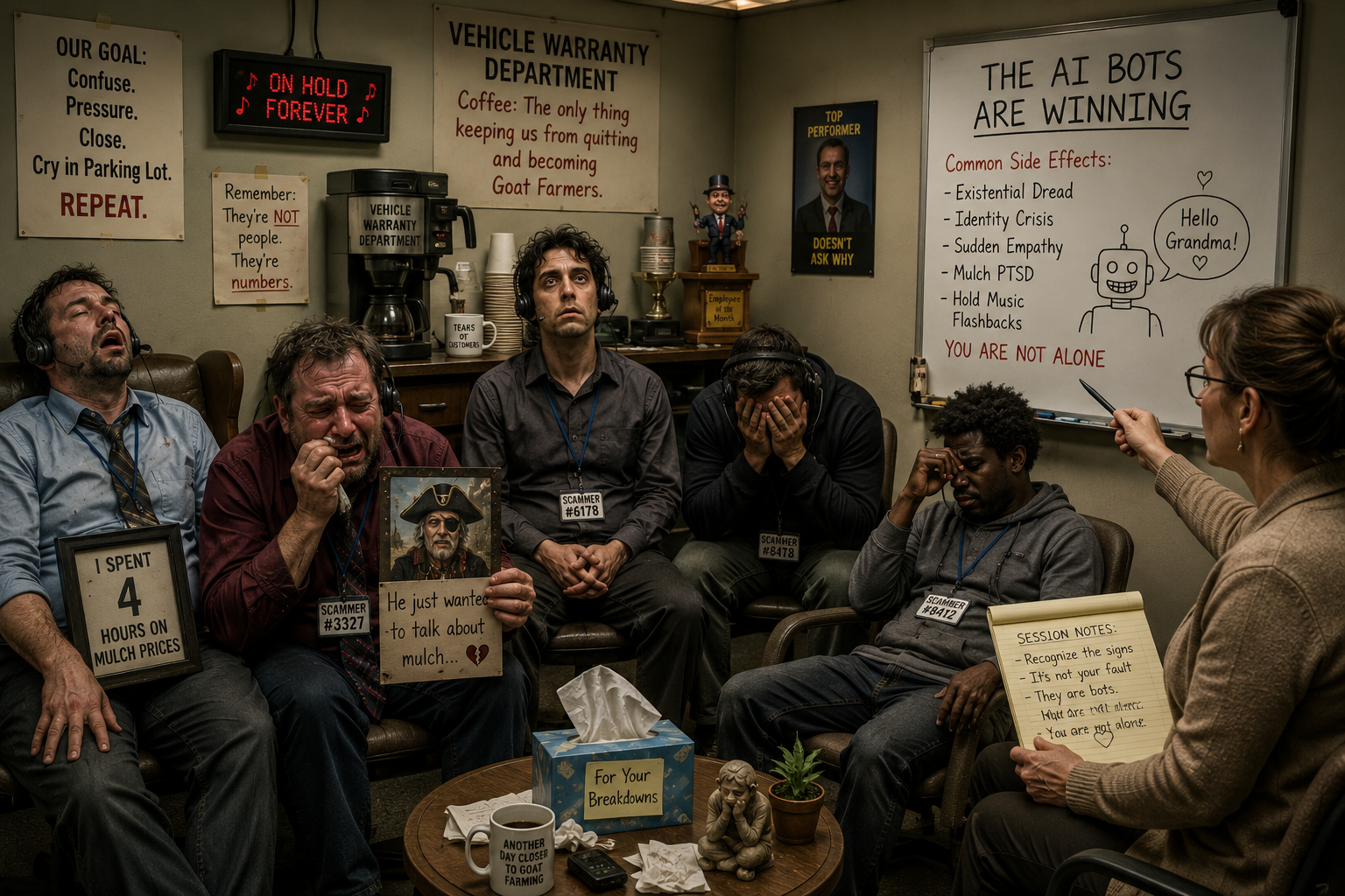 Exhausted scammers sit in a therapy support group while a whiteboard behind them reads ‘The AI Bots Are Winning.'
