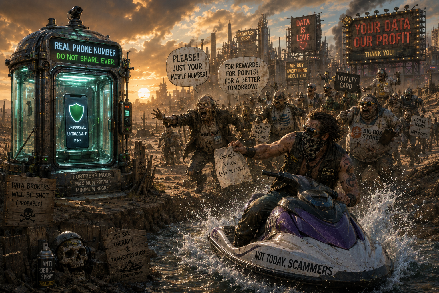 A lone survivor escapes on a jet ski while protecting a glowing vault containing their real phone number from a horde of data-hungry corporate zombies.
