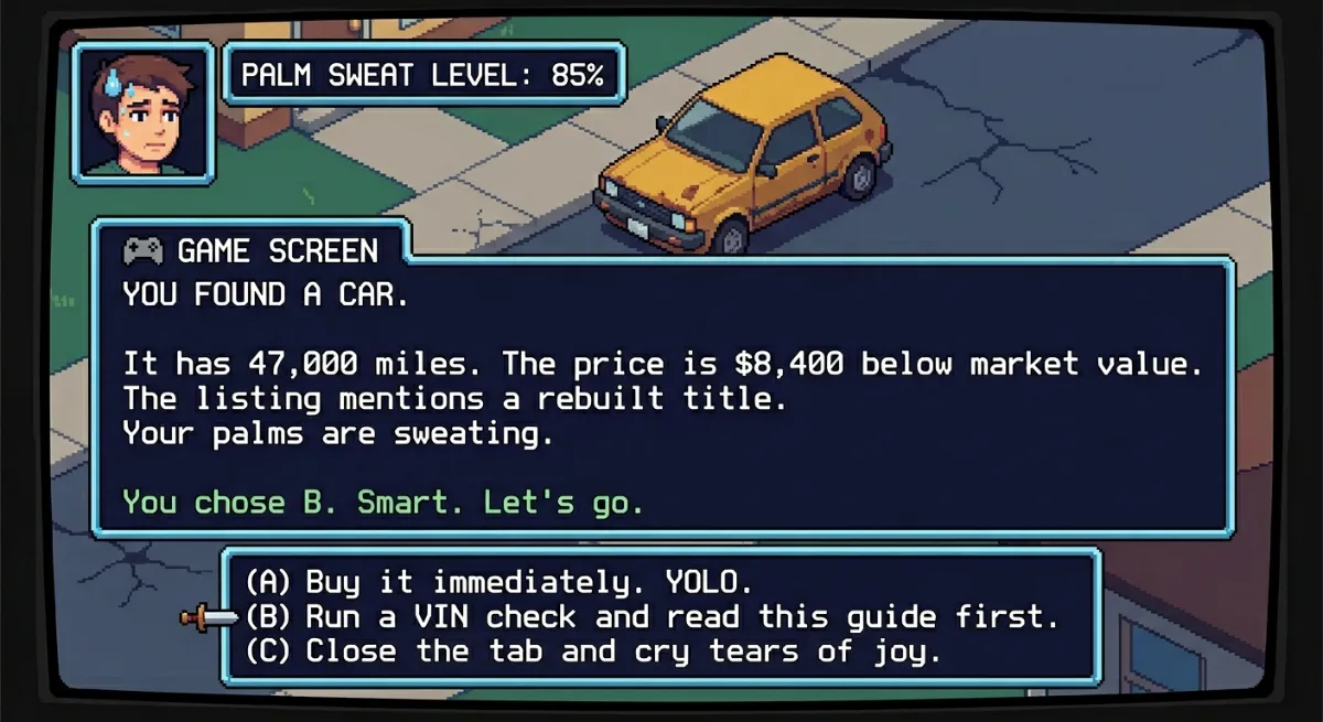 You found a car. 47,000 miles, $8,400 below market. Rebuilt title. You chose B — run a VIN check and read this guide first. You found a car. 47,000 miles, $8,400 below market. Rebuilt title. You chose B — run a VIN check and read this guide first.