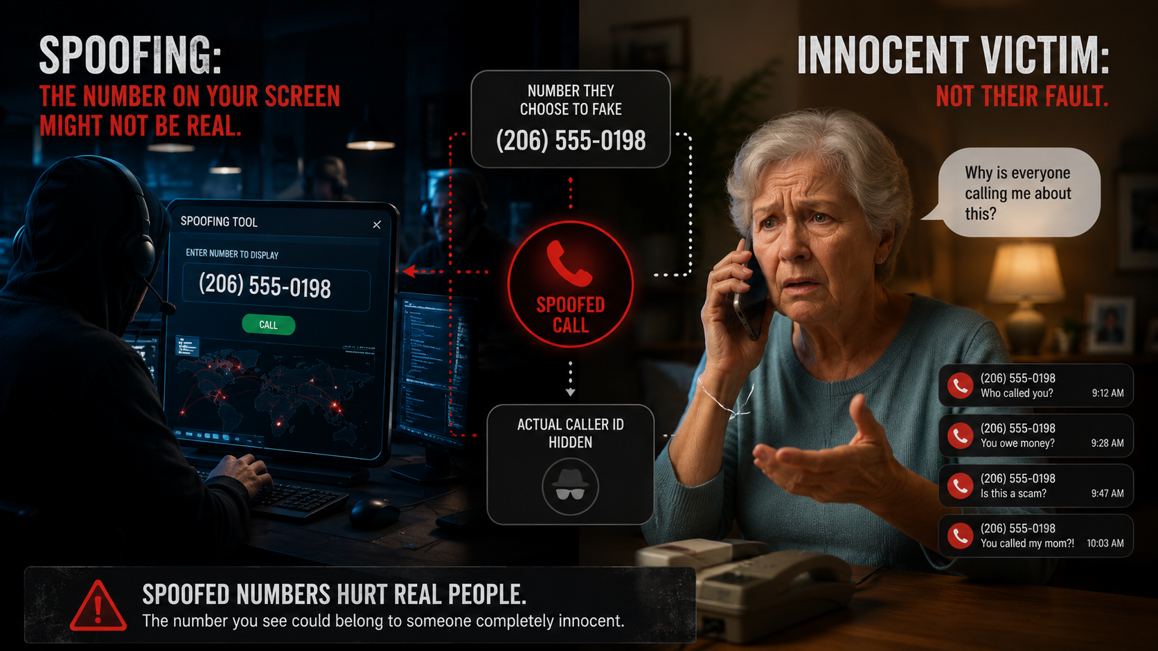Infographic showing how phone number spoofing works: scammer fakes a real person's number, leaving an innocent third party fielding angry callbacks