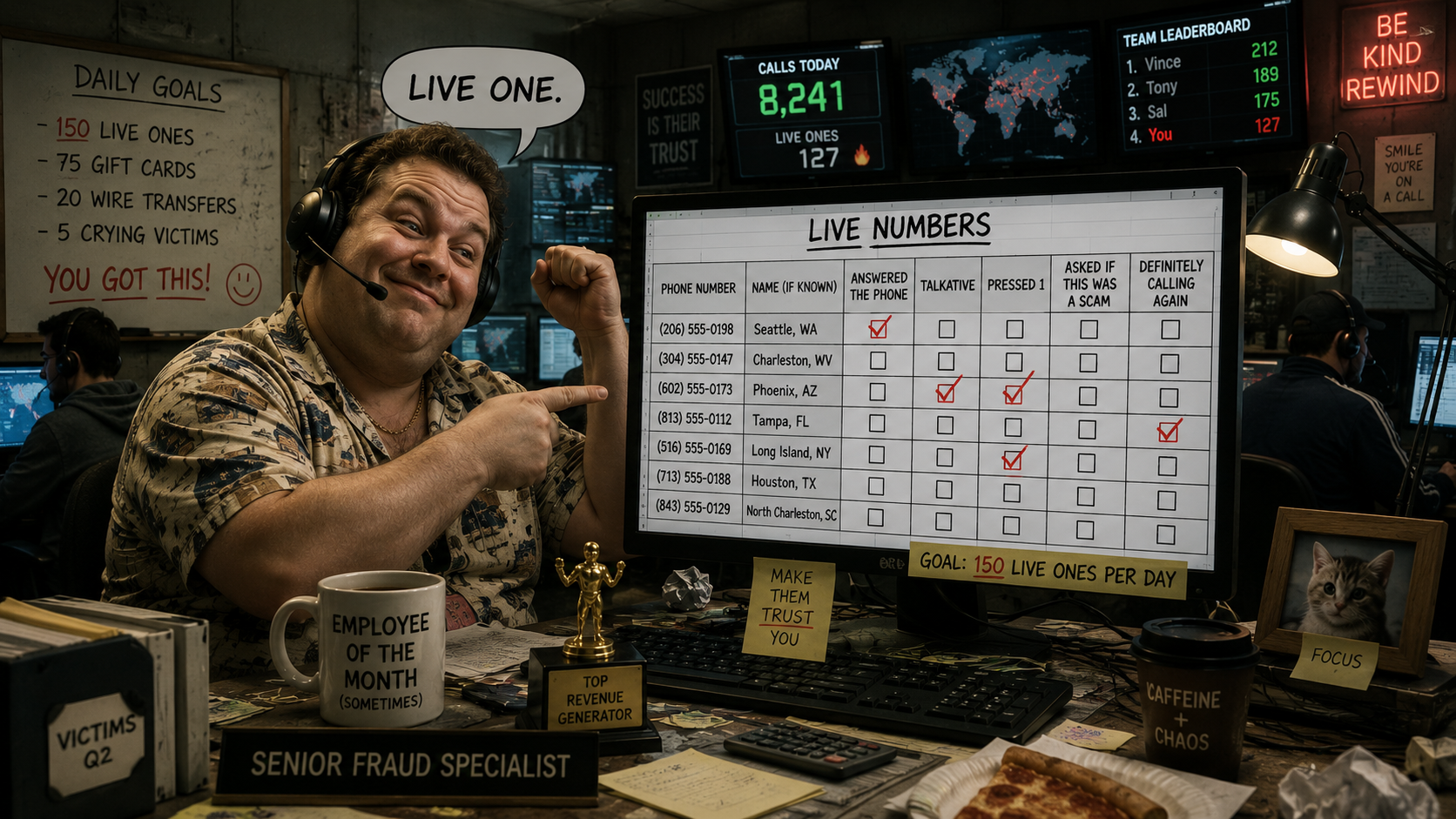 Illustration of a phone scammer's chaotic call center workspace, with a ‘Live Numbers’ spreadsheet tracking answered calls and daily goals including gift cards and wire transfers
