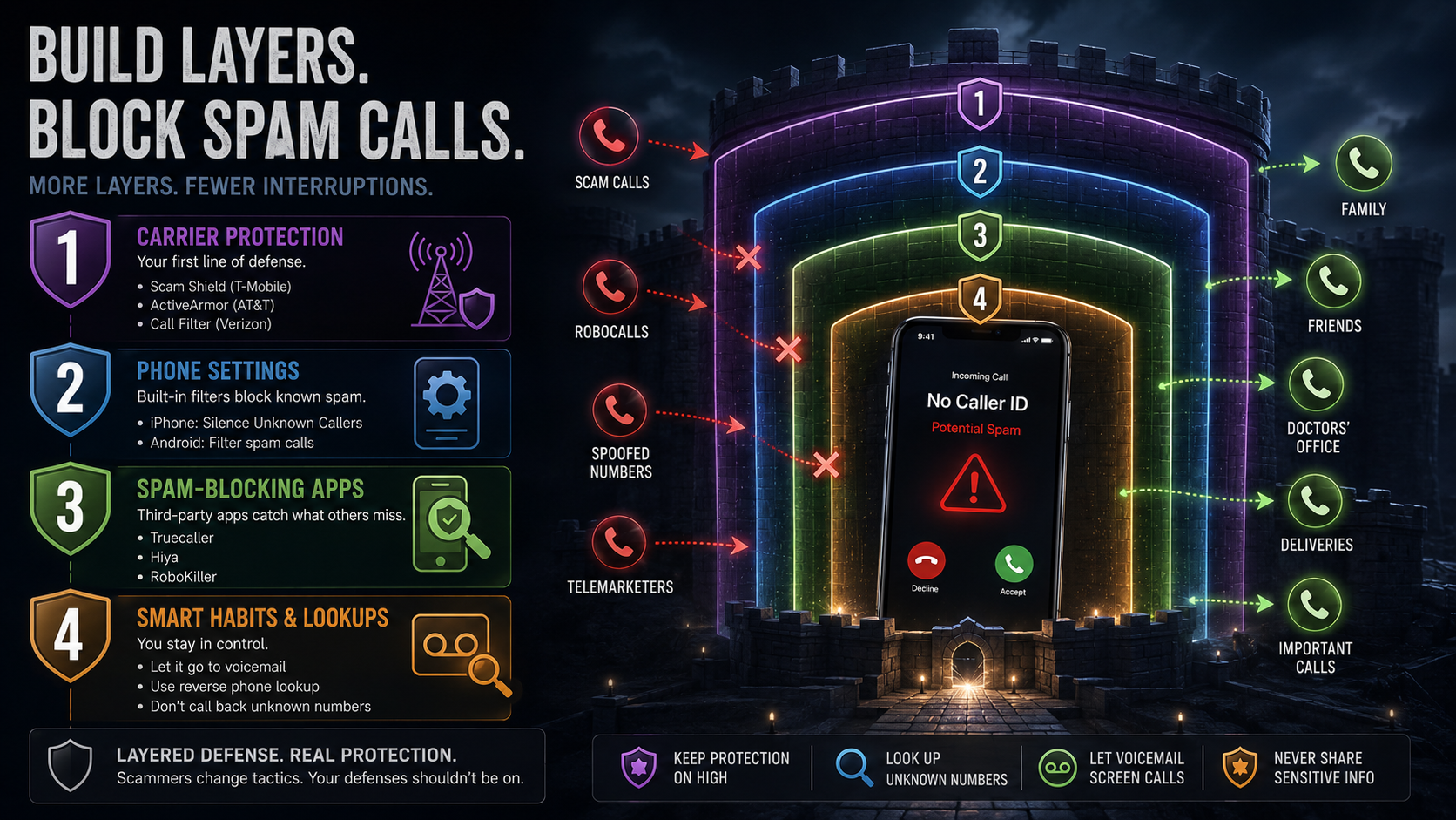 Four-layer spam call blocking strategy: carrier protection, phone settings, third-party apps like Truecaller and RoboKiller, and smart habits including reverse phone lookup