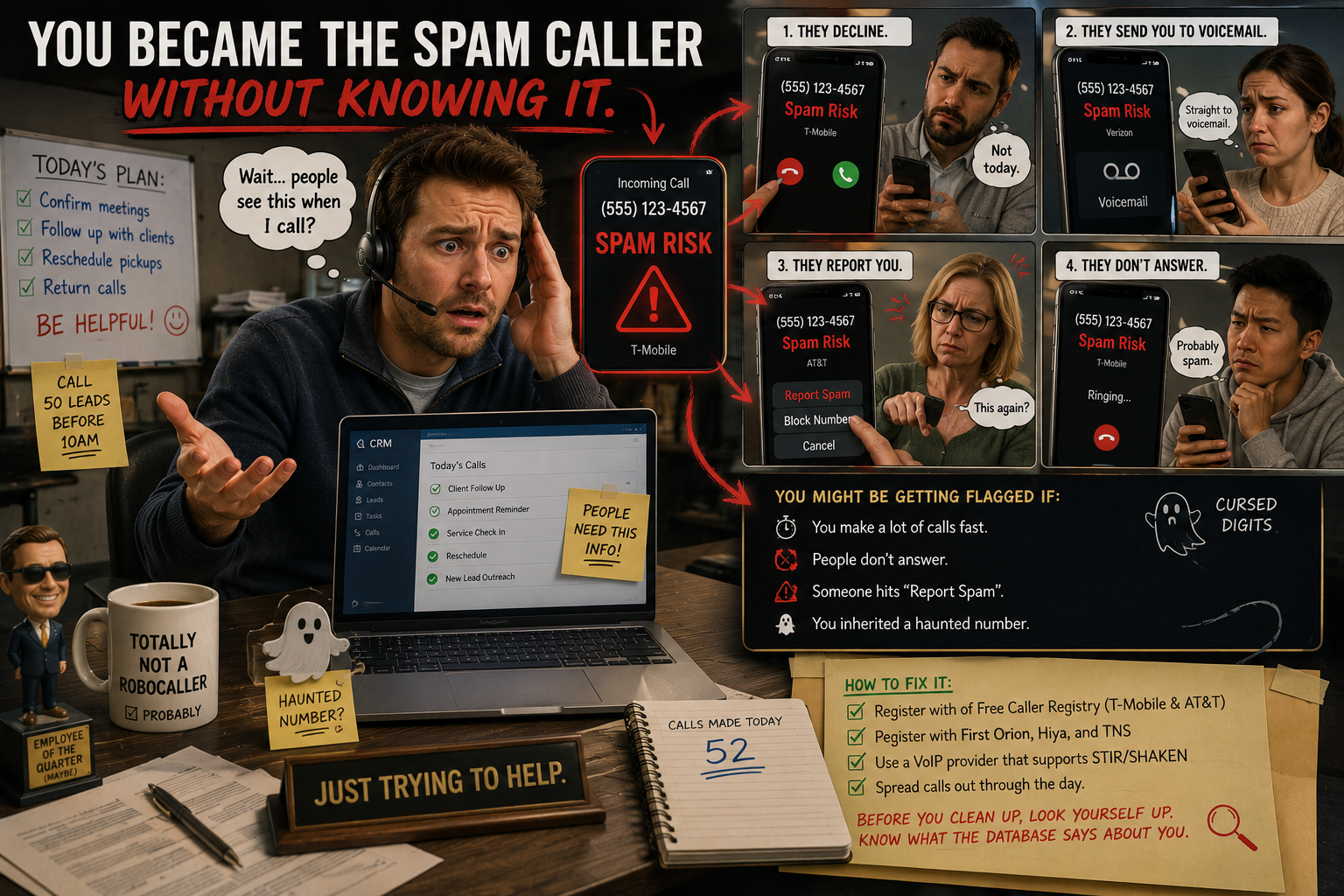 Infographic showing how a legitimate caller's number gets flagged as Spam Risk, with four recipient reactions and steps to fix it including registering with the Free Caller Registry and enabling STIR/SHAKEN