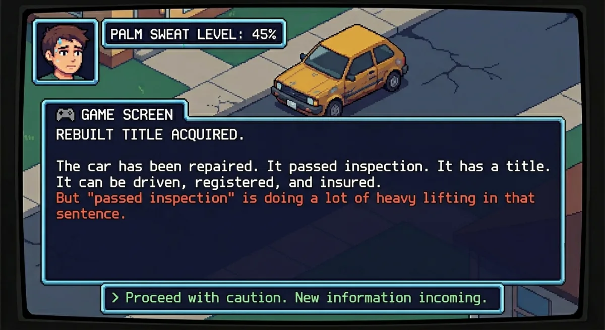 Rebuilt title acquired. The car was repaired, passed inspection, and has a title. Proceed with caution. Rebuilt title acquired. The car was repaired, passed inspection, and has a title. Proceed with caution.