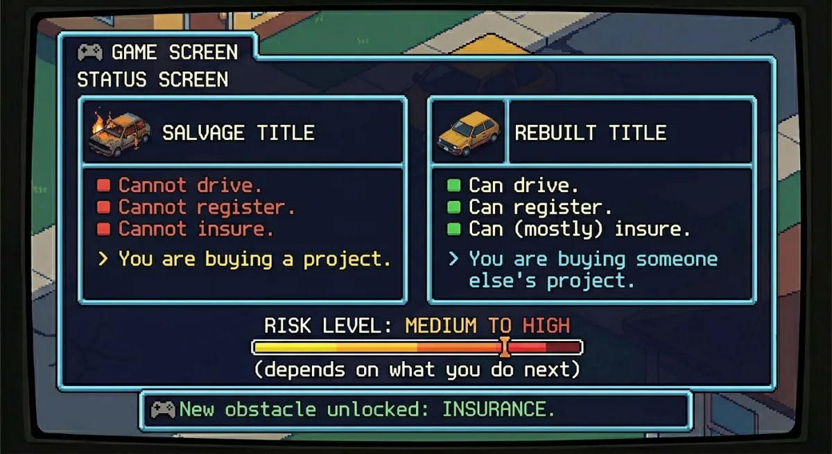 Status screen. Salvage title — cannot drive, register, or insure. Rebuilt title — can drive, register, insure. Risk level: medium to high. Status screen. Salvage title — cannot drive, register, or insure. Rebuilt title — can drive, register, insure. Risk level: medium to high.
