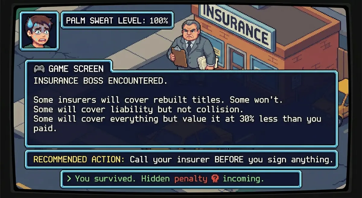 Insurance boss encountered. Some insurers cover rebuilt titles, some don't. Call your insurer before you sign anything. Insurance boss encountered. Some insurers cover rebuilt titles, some don't. Call your insurer before you sign anything.