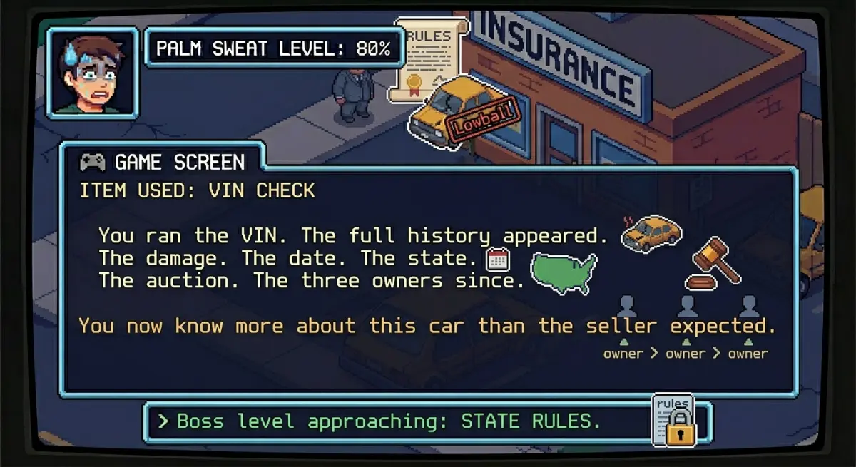 Item used — VIN check. Full history appeared: damage, date, state, auction, three owners. You know more than the seller expected. Item used — VIN check. Full history appeared: damage, date, state, auction, three owners. You know more than the seller expected.