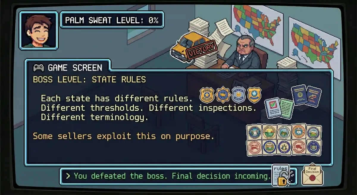 Game screen: Boss level — state rules. Each state has different thresholds, inspections, and terminology. Some sellers exploit this on purpose. Game screen: Boss level — state rules. Each state has different thresholds, inspections, and terminology. Some sellers exploit this on purpose.