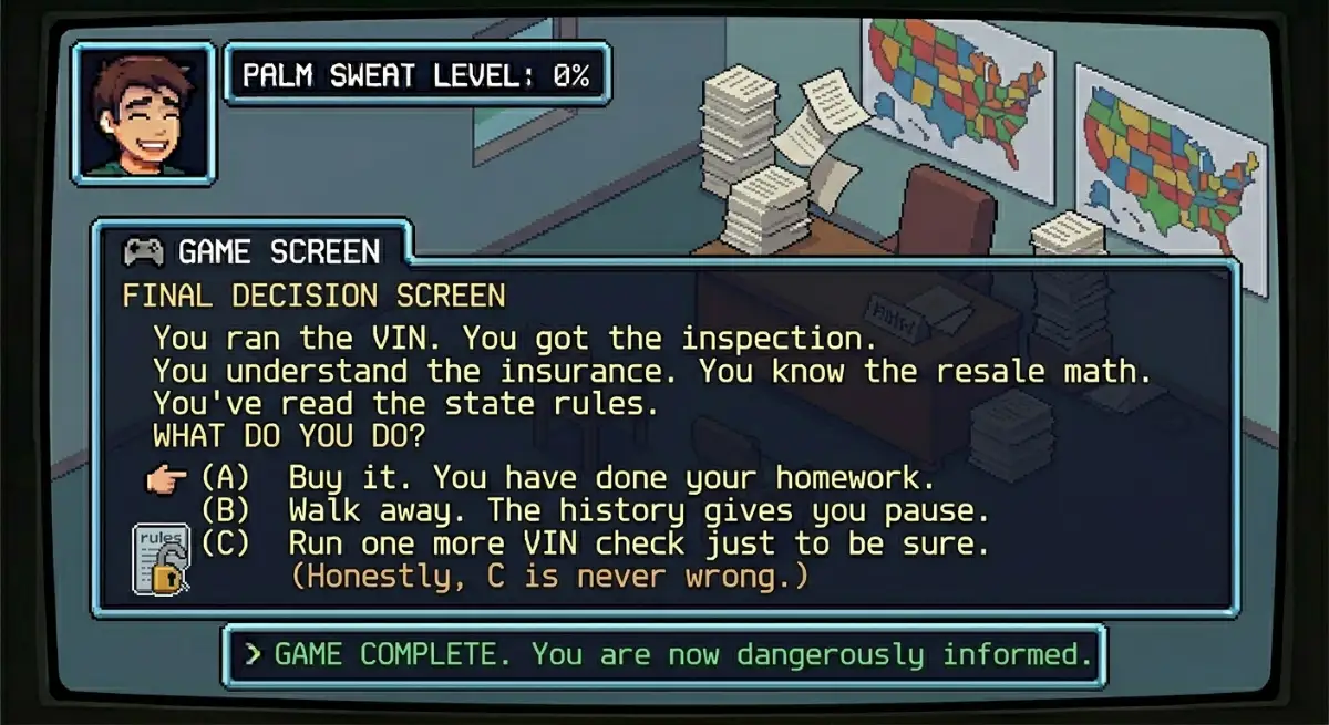Game screen: Final decision screen. You ran the VIN, got the inspection, understand the insurance and resale math. Game complete. Game screen: Final decision screen. You ran the VIN, got the inspection, understand the insurance and resale math. Game complete.